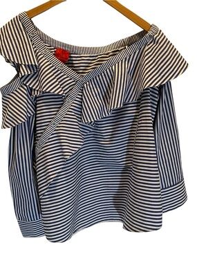 V Christina Classic Striped Off-Shoulder Ruffle Blouse Navy Blue White Size XL